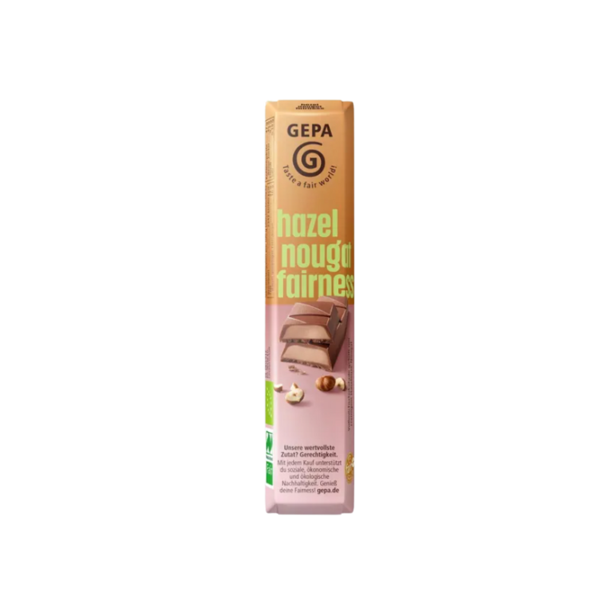 Barre de chocolat bio Gepa au nougat et aux noisettes