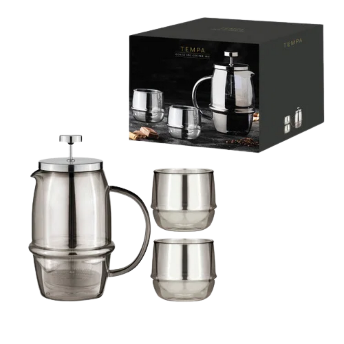 TEMPA Service à café Costa | Cafetière à piston & 2 verres à double paroi