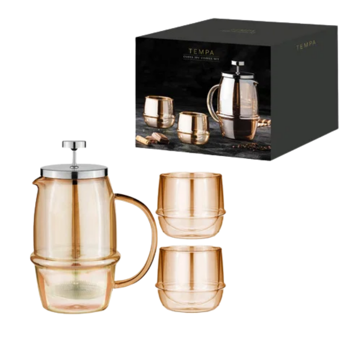 TEMPA Service à café Costa | Cafetière à piston & 2 verres à double paroi