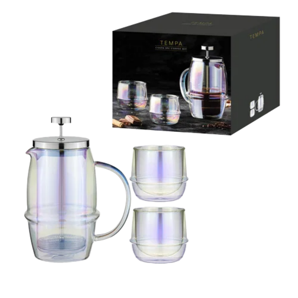TEMPA Service à café Costa | Cafetière à piston & 2 verres à double paroi